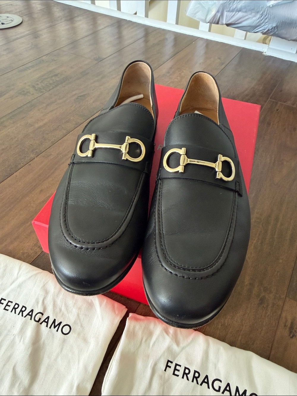 Salvatore Ferragamo Black Leather Bit Loafers with Gold Hardware